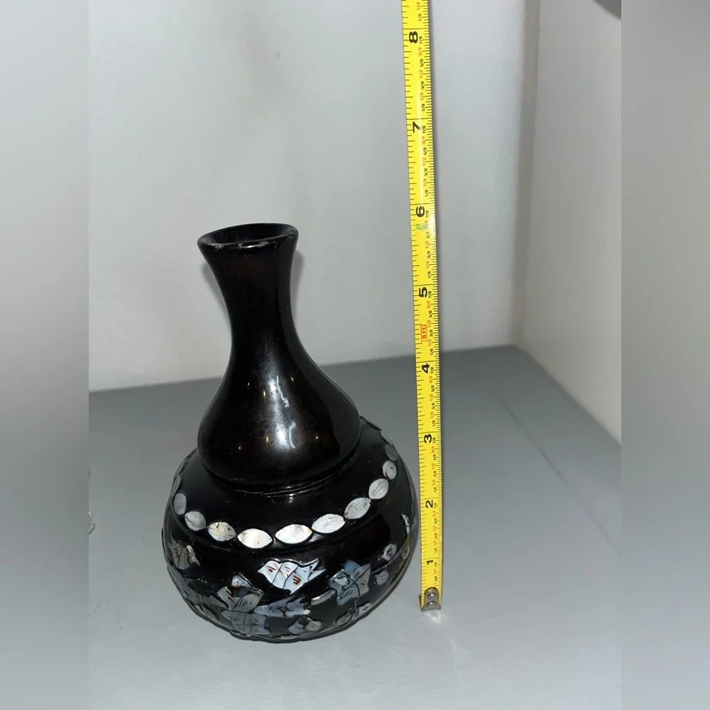 Vintage Orient Express Black Plastic Mother Of Pearl Vase Korea Floral BirdMotif